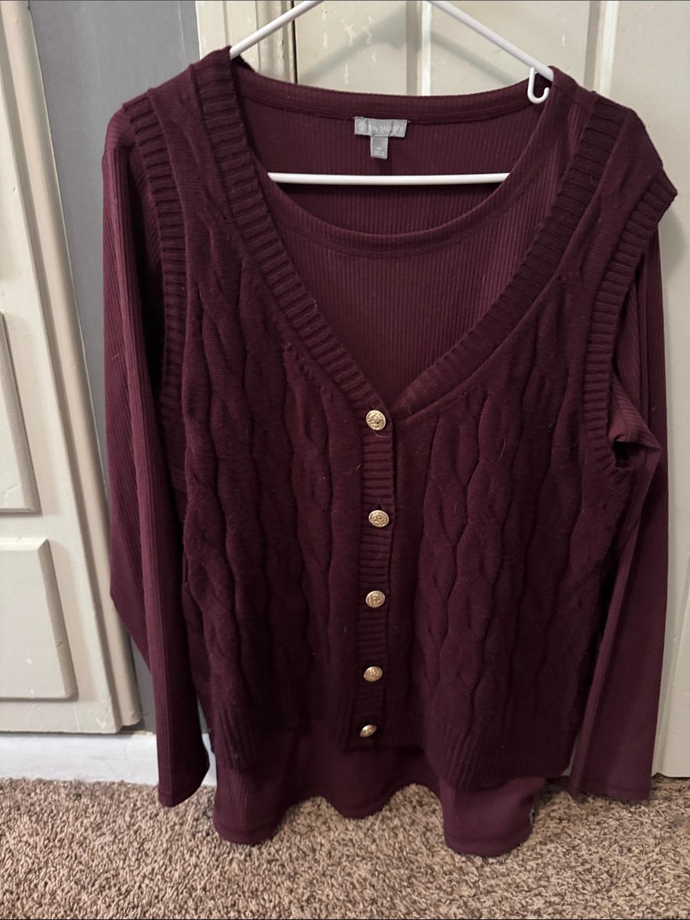 Talbots Burgundy Cable-Knit Button Cardigan with Gold Buttons